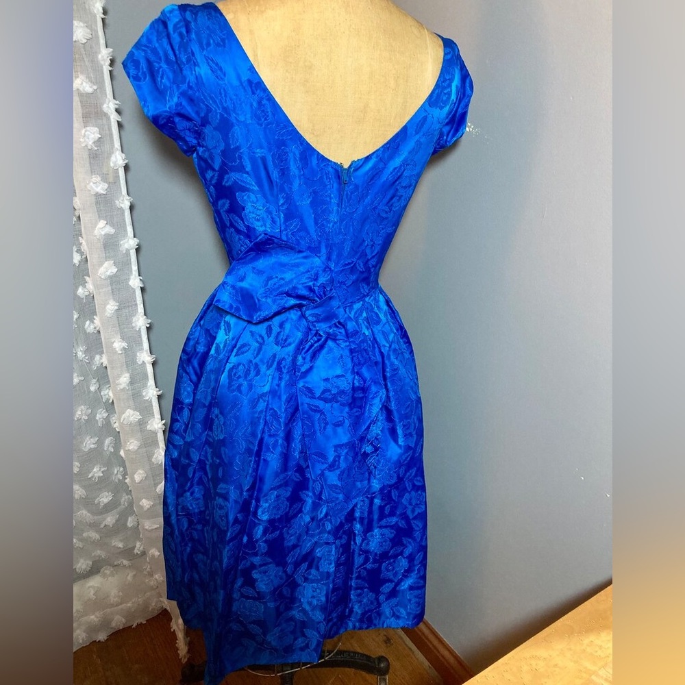 Royal blue vintage retro floral cocktail dress 50s/60 midi aline bow prom madmen - Picture 12 of 13